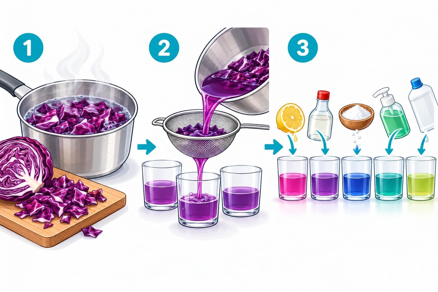 Esquema paso a paso de Indicador de pH con repollo morado